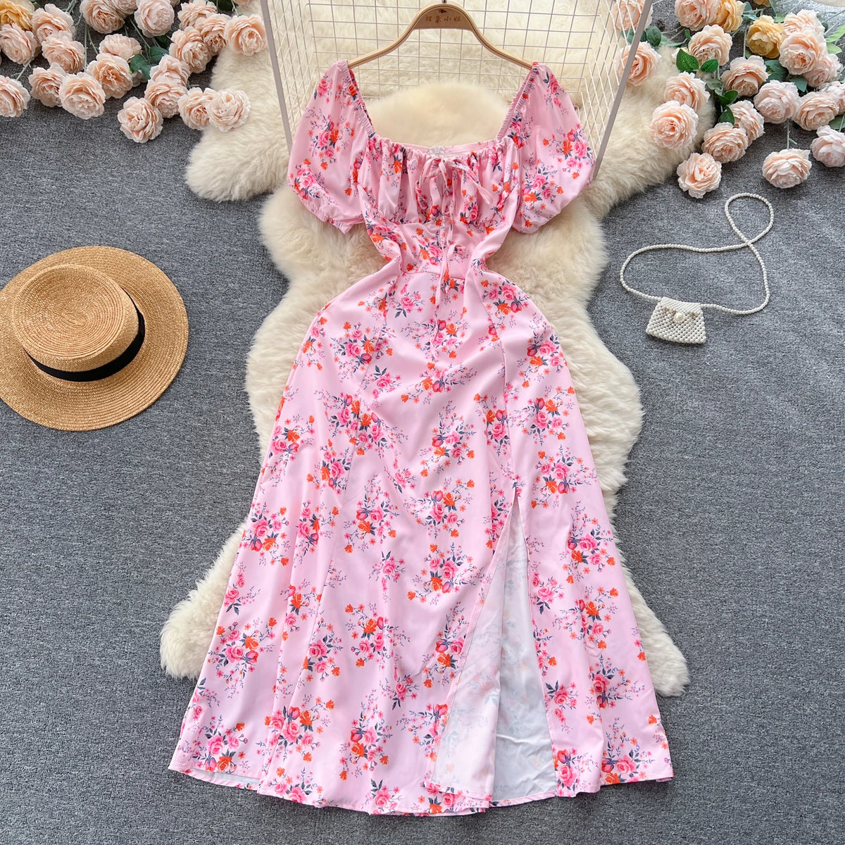 Print Square Neck Puff Sleeve Split Dress