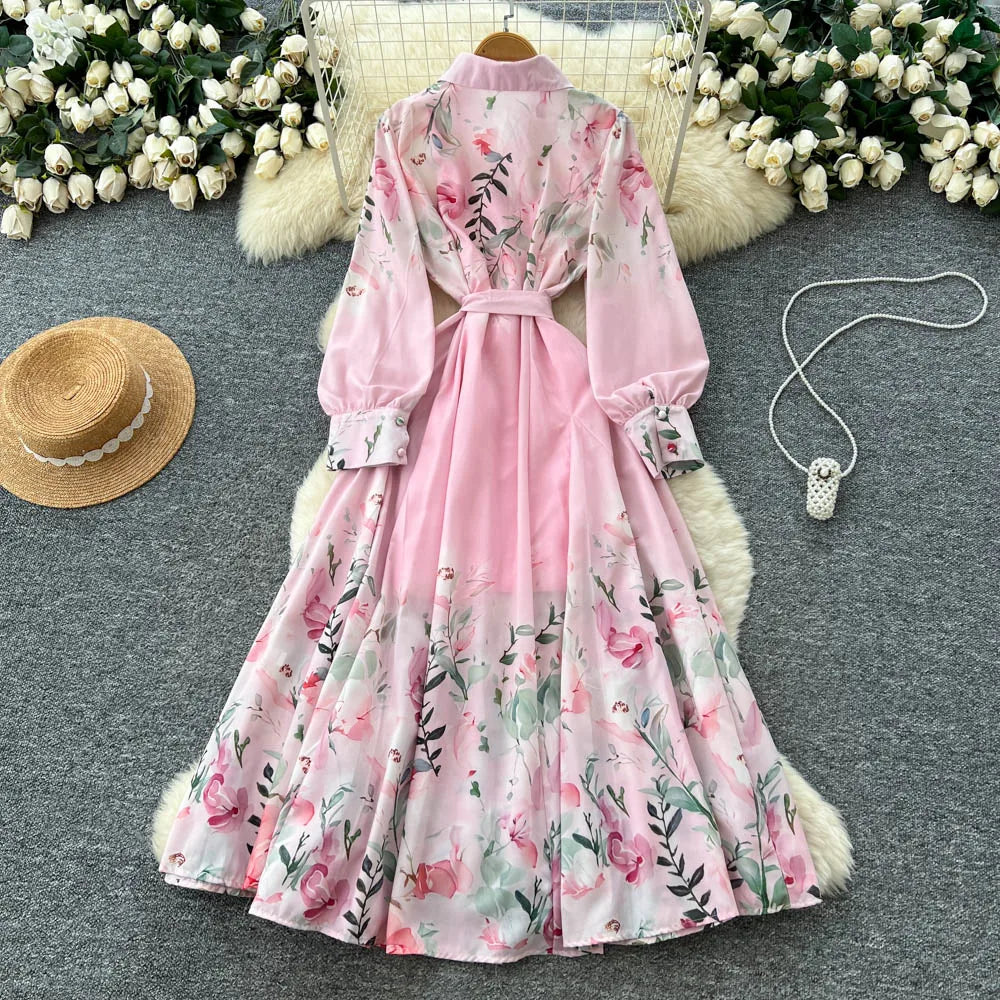 Lace-Up Print Long Sleeve Evening Dress