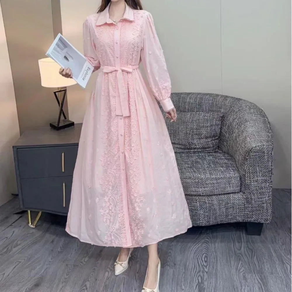 Embroidered Collared Lantern Sleeve Maxi Dress