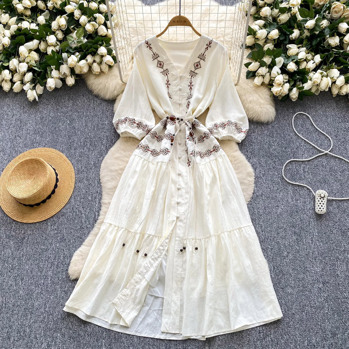 Print Button Front V-Neck Beach Dress