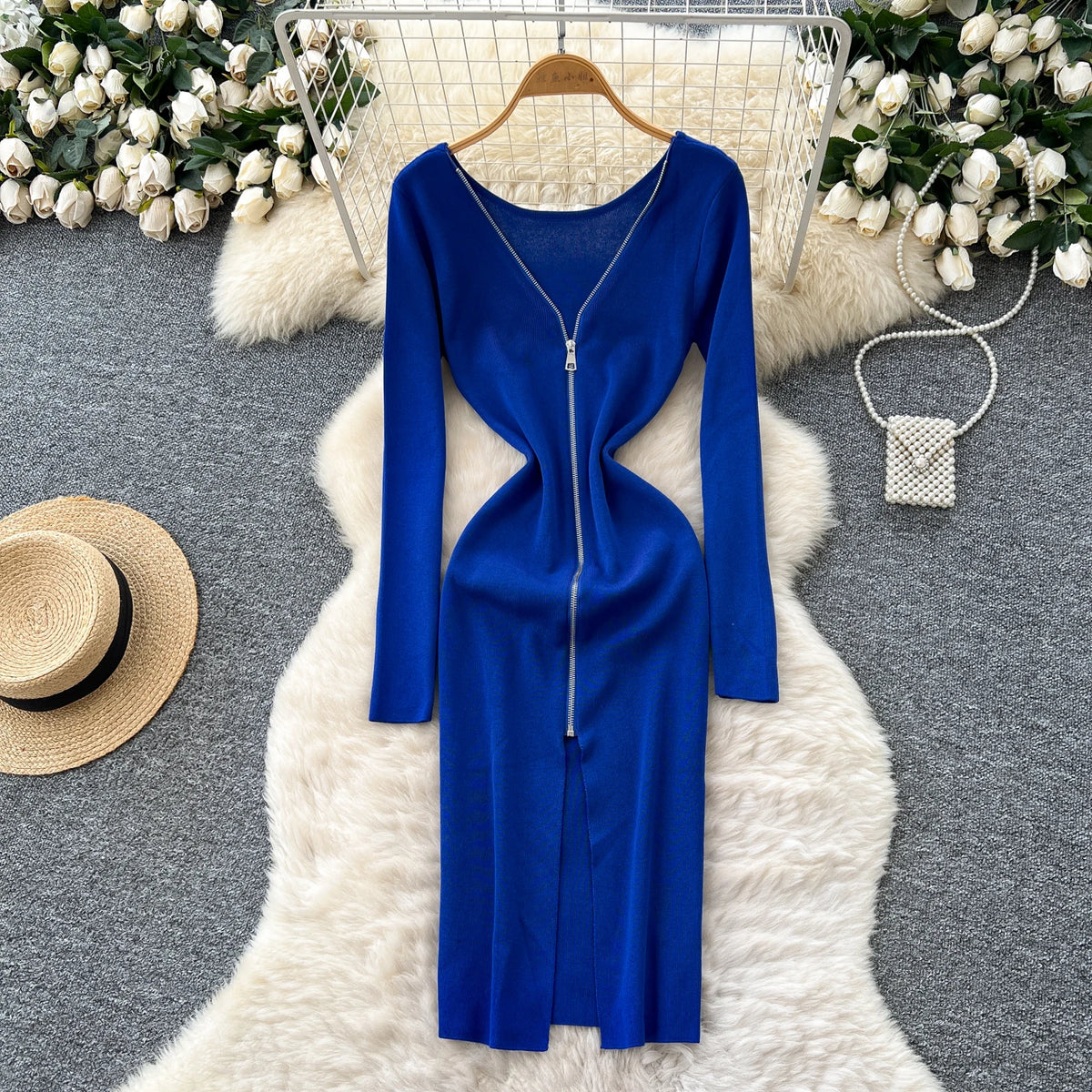 Solid Zip Front Long Sleeve Pencil Dress