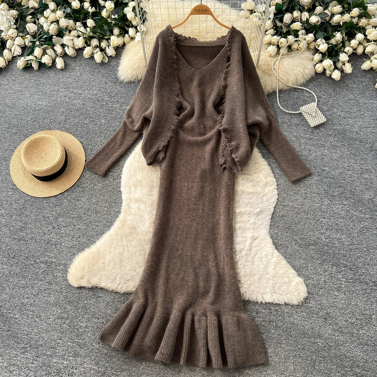 Ruched Cami Mermaid Dress and Knit Cardigan Set