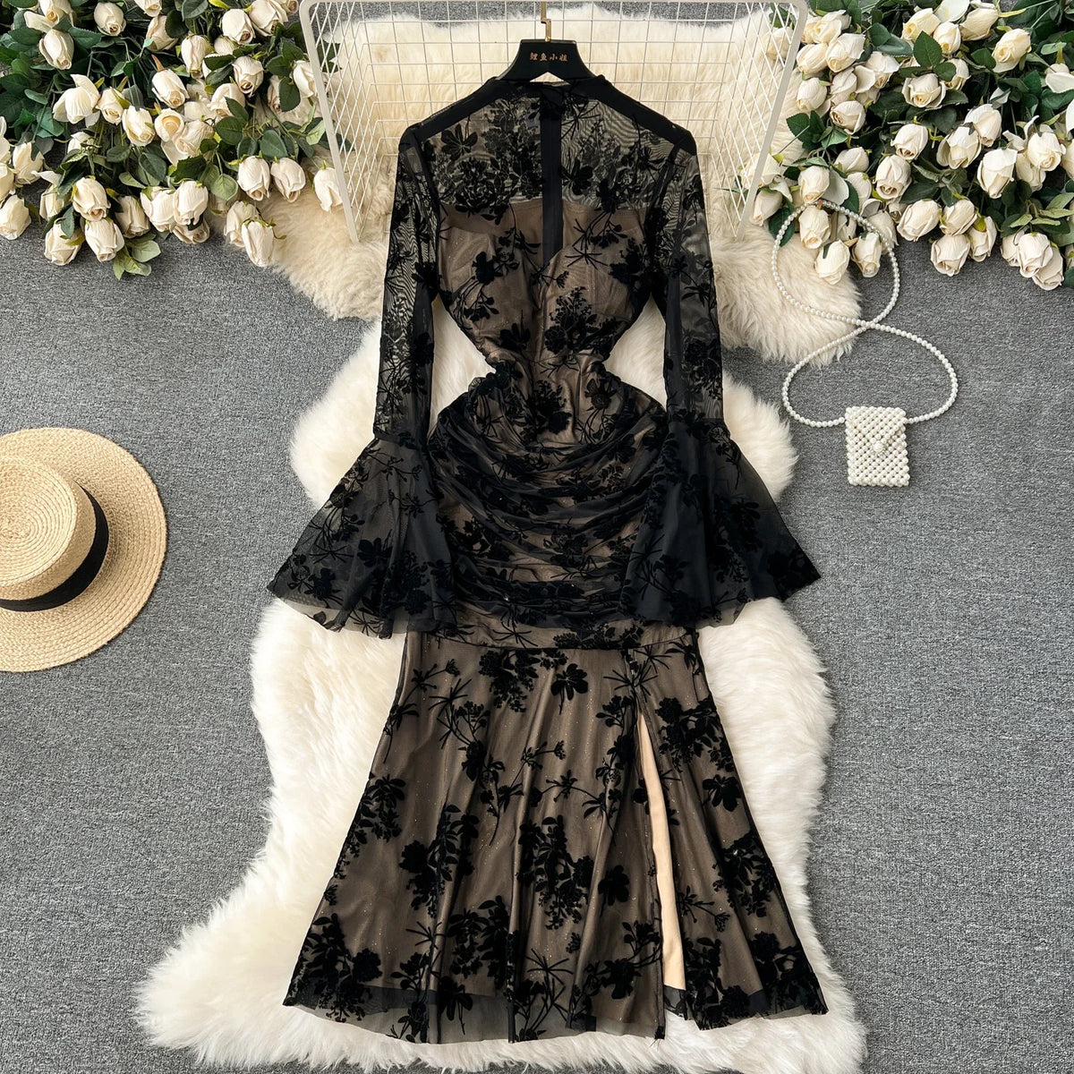 Mesh Print Flare Sleeve Mermaid Dress