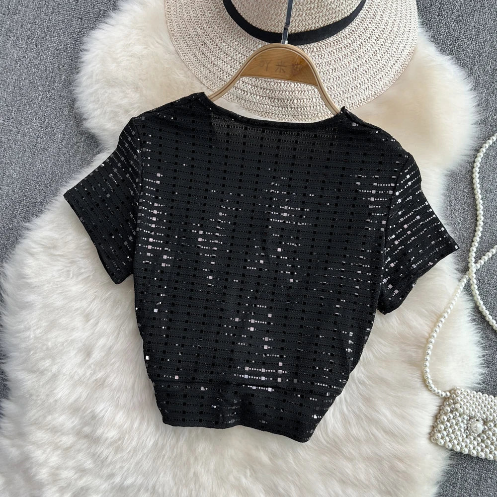 Glitter Sequin Pleated V-Neck Crop Top