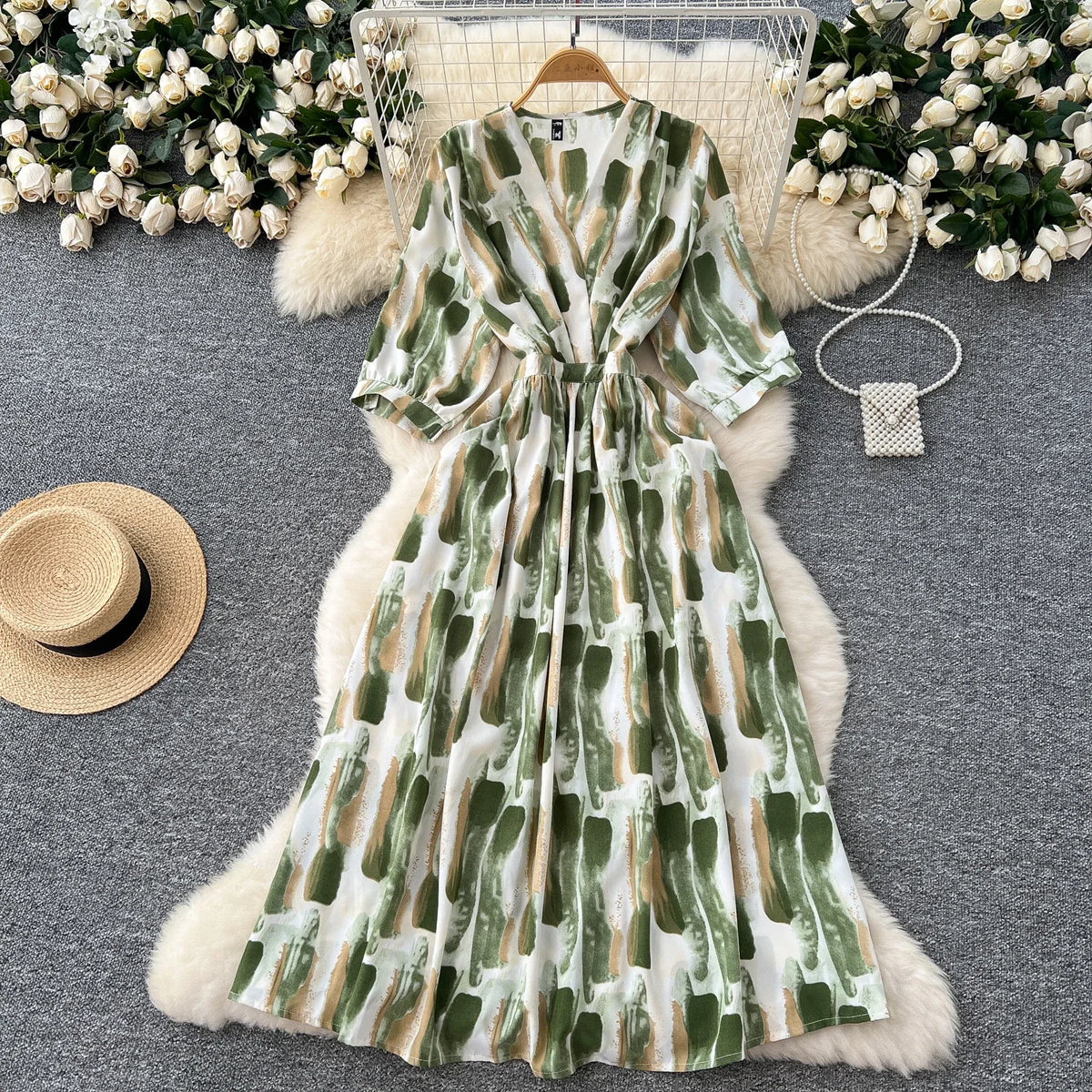 Print Pleated Lace-Up V-Neck Sundress