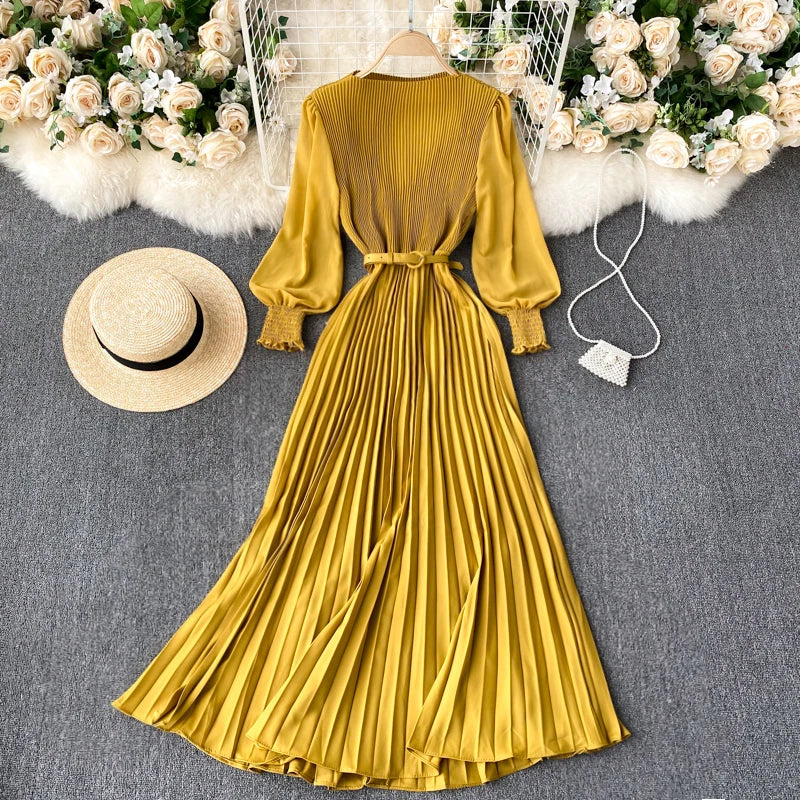 Belted Chiffon Puff Sleeve A-Line Dress