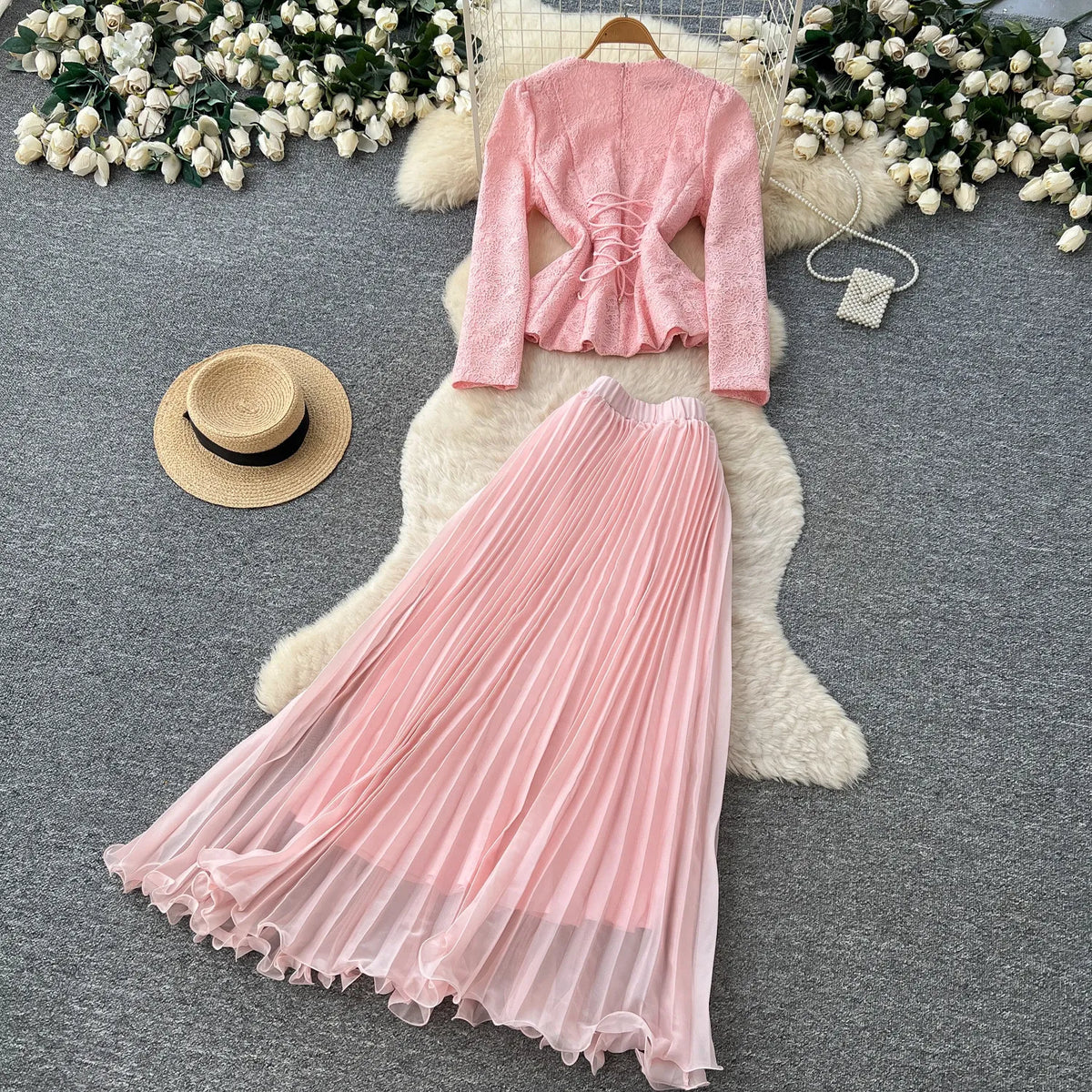 Long Sleeve Top and Pink Pleated Skirt Set