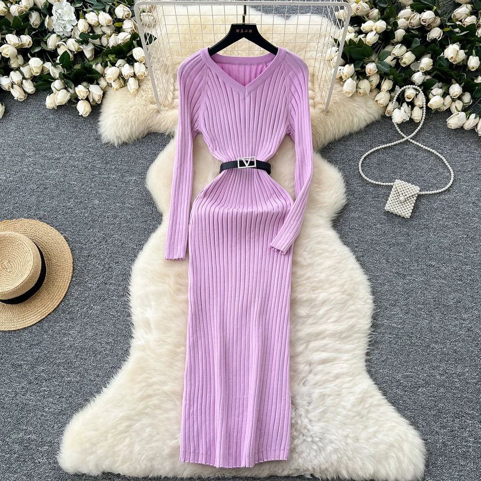 Ribbed Belted Knit Wrap Maxi Dress