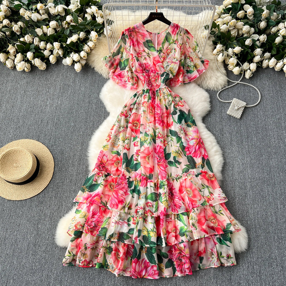 Butterfly Sleeve Print A-Line Long Dress
