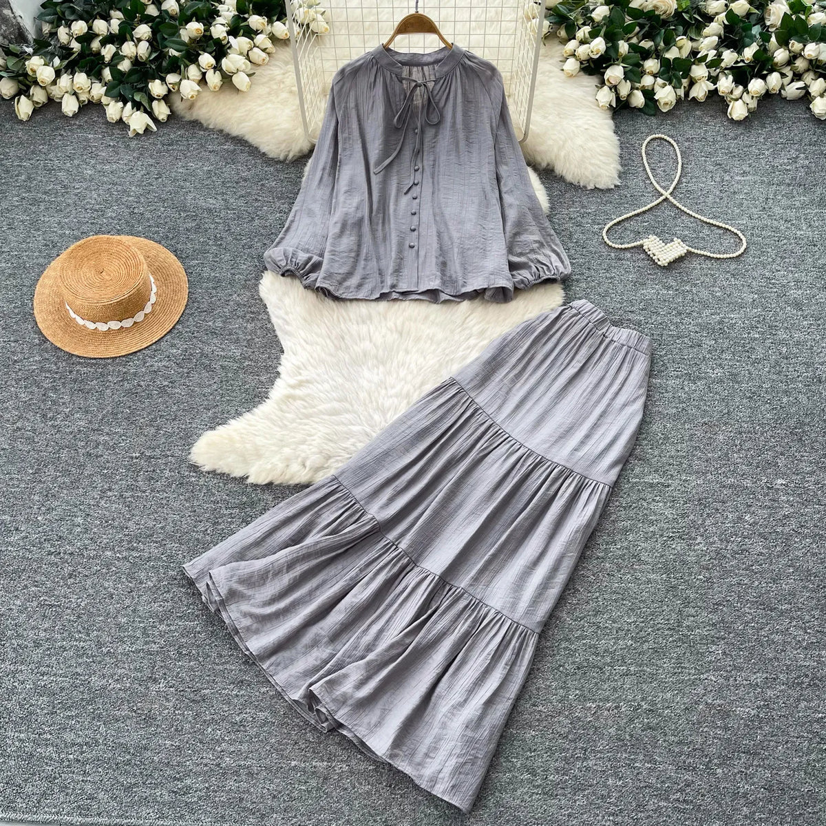 Tie Front Shirt and A-Line Skirt Set