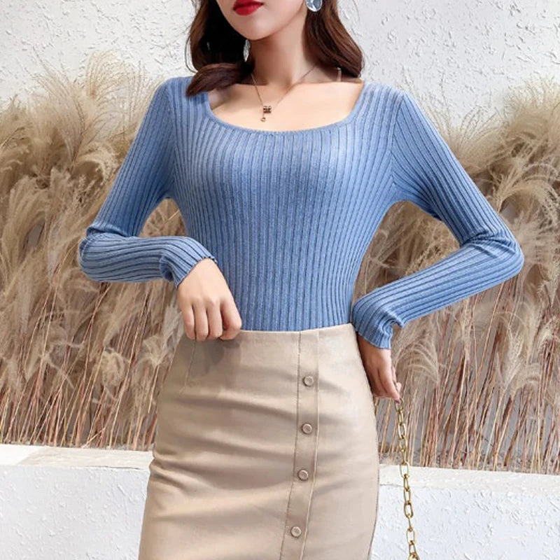Ribbed Knit Fitted Pullover Sweater