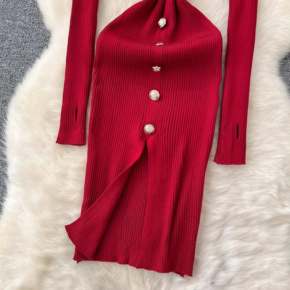 Off-Shoulder Button Slit Knit Bodycon Dress