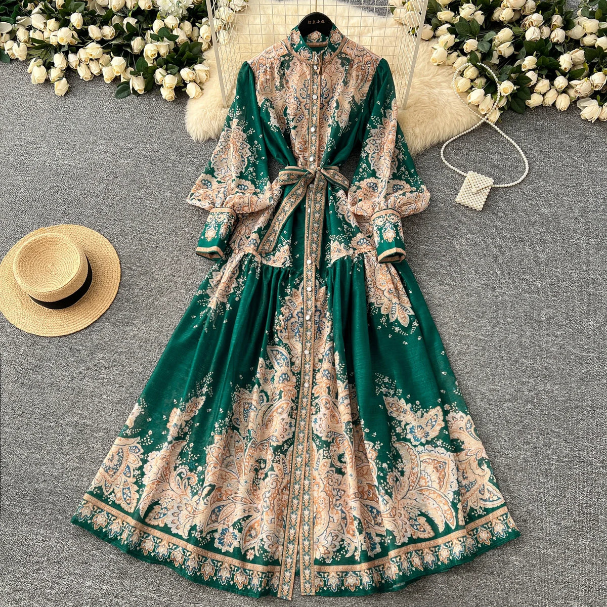 Printed Puff Sleeve Button Maxi Dress