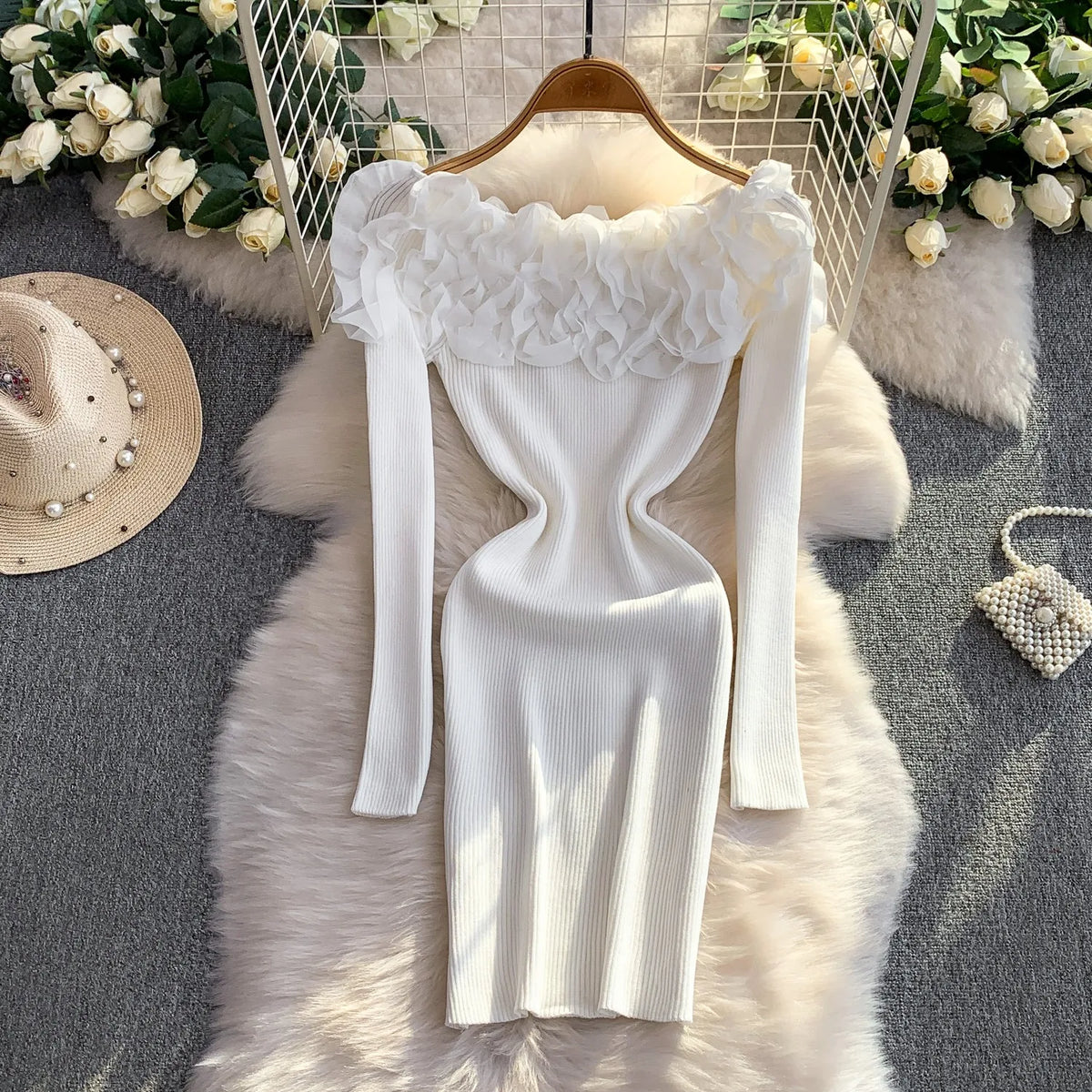 Off-Shoulder Ruffled Knit Mini Dress