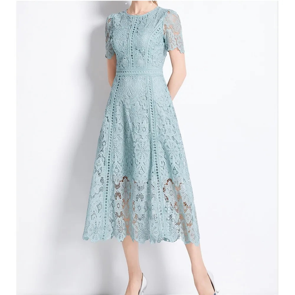 Solid Lace Cutout Ruffle Sleeve Long Dress
