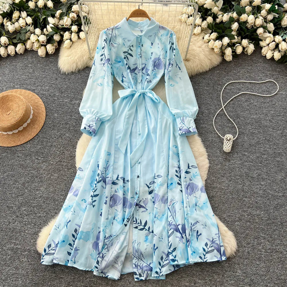 Lace-Up Print Long Sleeve Evening Dress