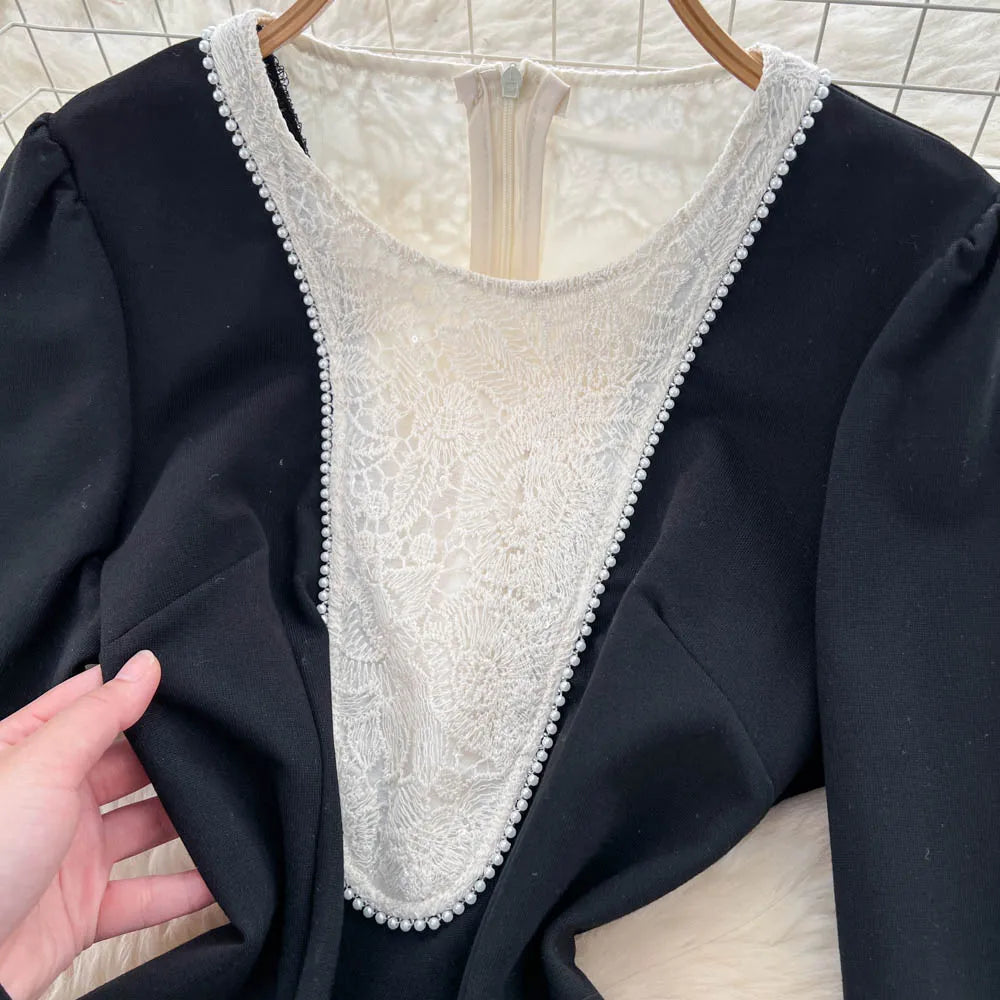 Beaded O-Neck Long Sleeve Slim Dress