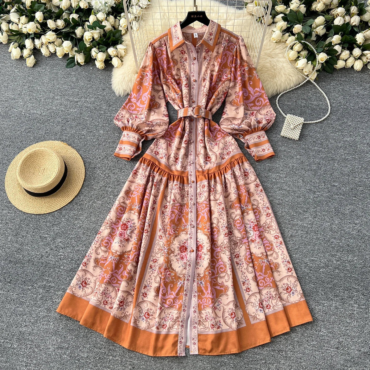 Print Single Breasted Puff Sleeve Dress