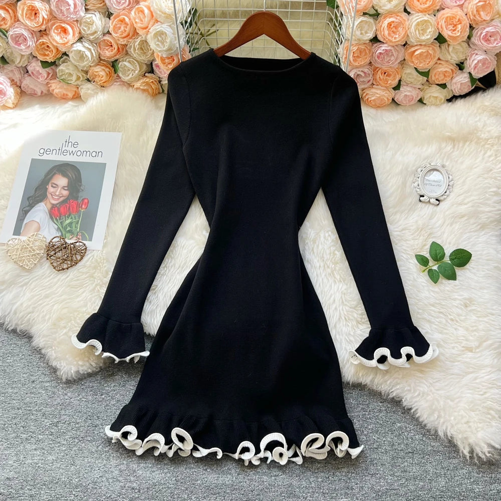 Solid Ruffled Knit A-Line Mini Dress