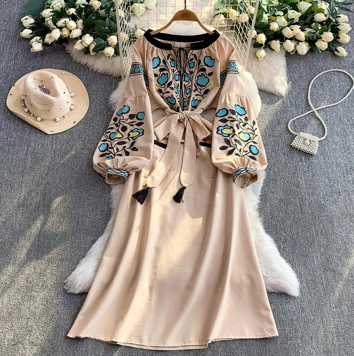 Lantern Sleeve O-Neck A-Line Dress
