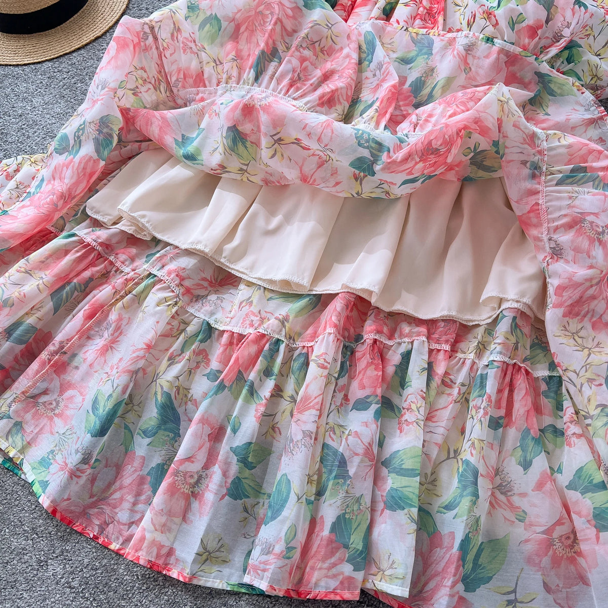 Pleated Print V-Neck Lantern Sleeve Long Dress