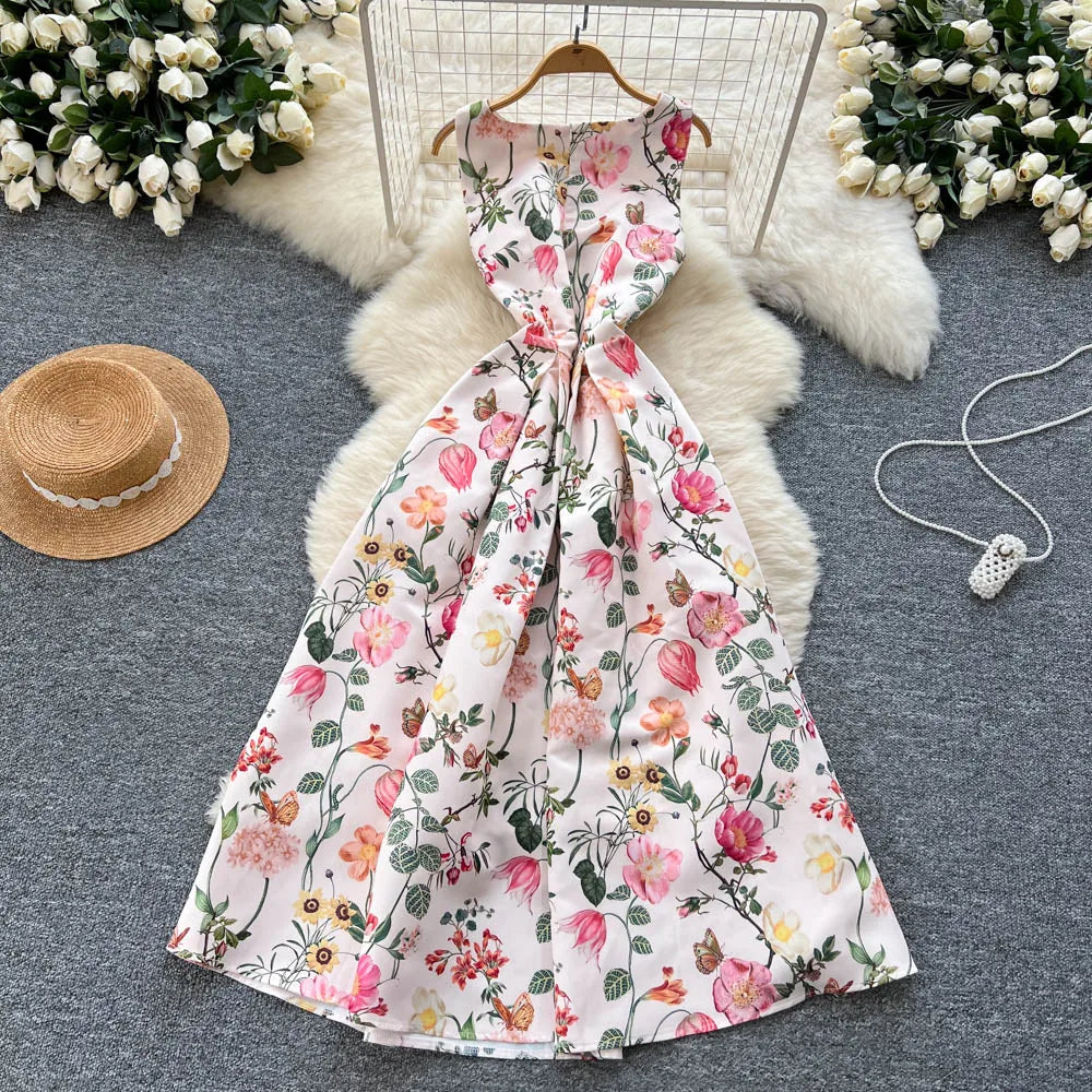 Pleated Print Sleeveless Maxi Dress