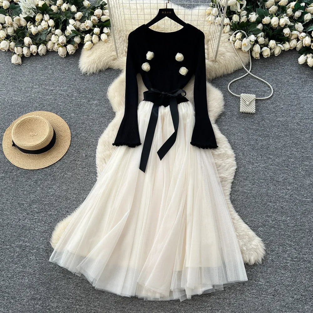 3D Floral Knit Mesh Square Neck Gown