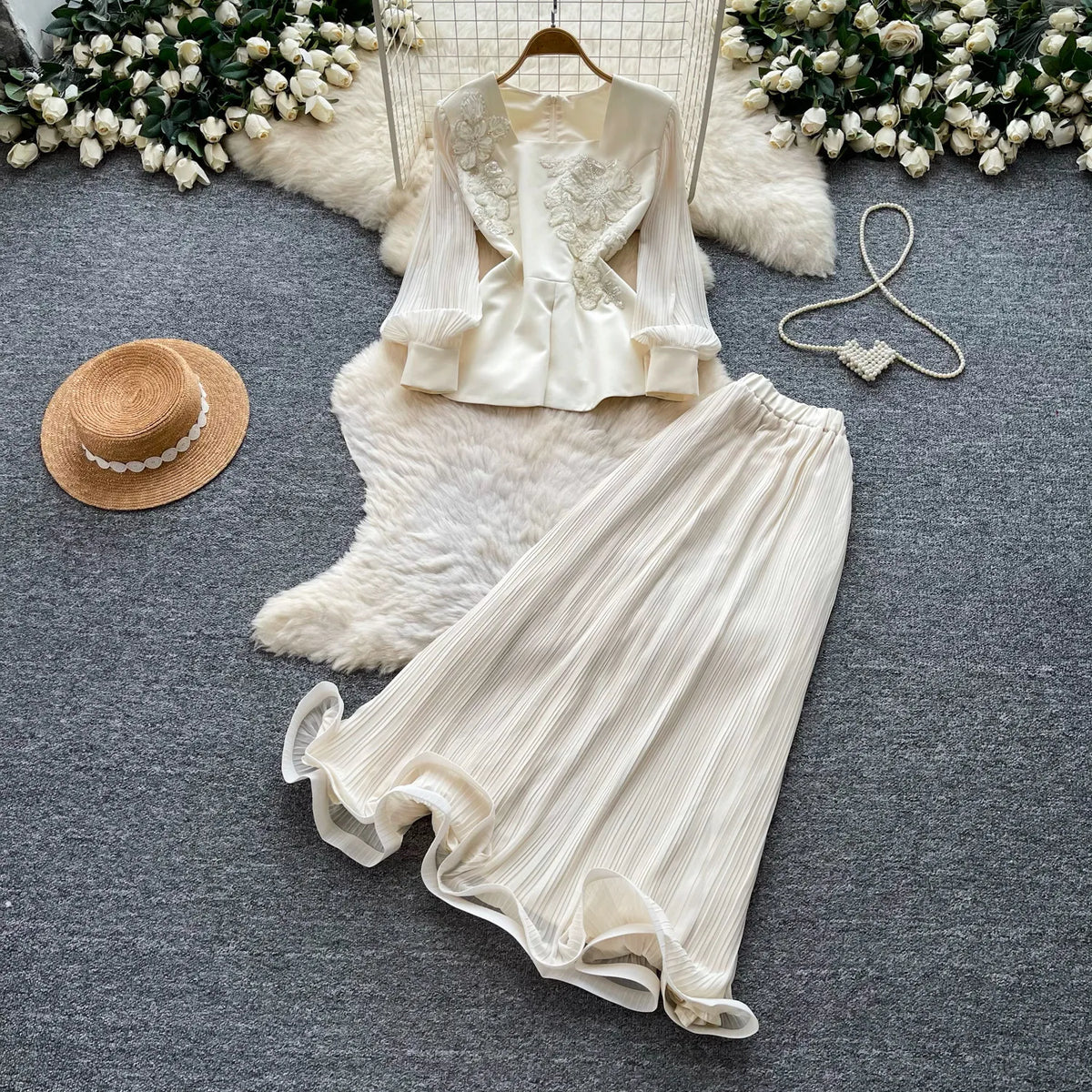 Embroidered Blouse and Pleated Skirt Set