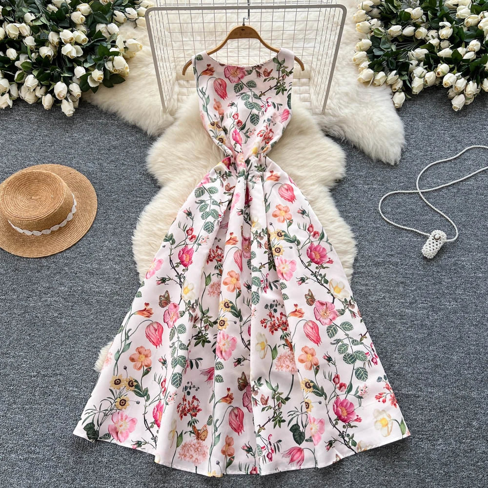 Pleated Print Sleeveless Maxi Dress