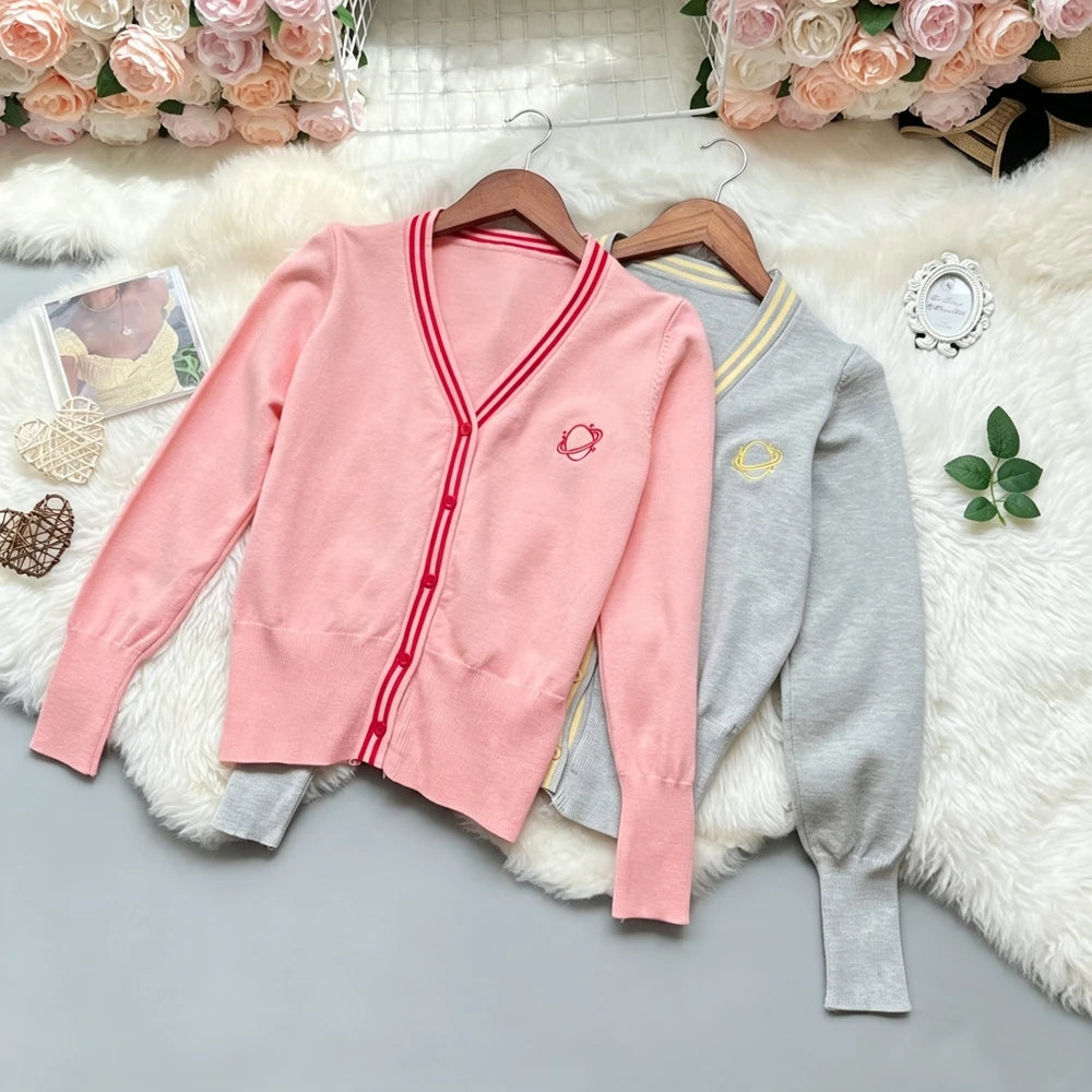 Embroidered V-Neck Knit Cardigan