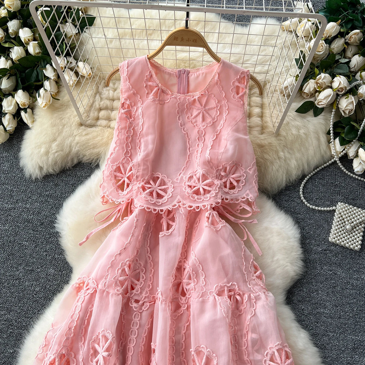 Embroidered Lace Cutout Sleeveless A-Line Dress