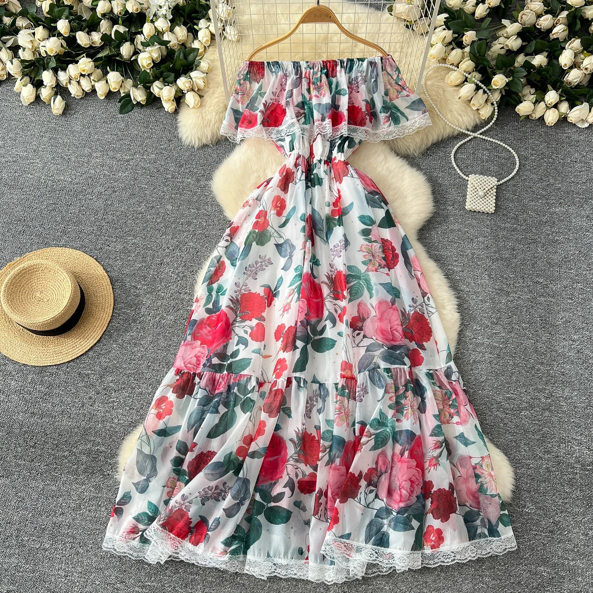 Print Lace Ruffle Off-Shoulder Maxi Dress
