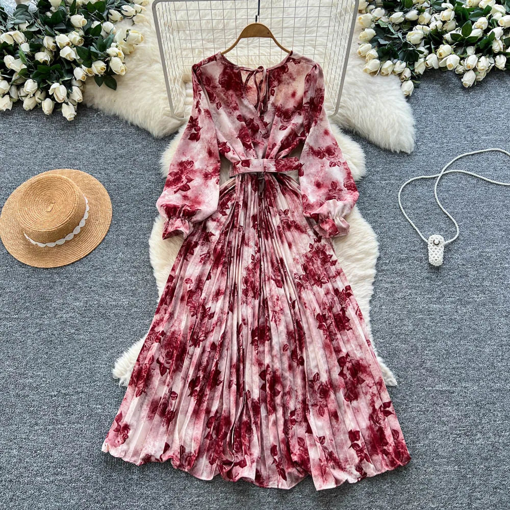 Belted Crew Neck Long Sleeve Dress