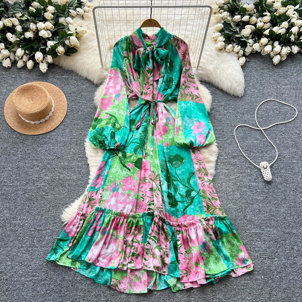 Print Lace-Up Puff Sleeve Maxi Dress