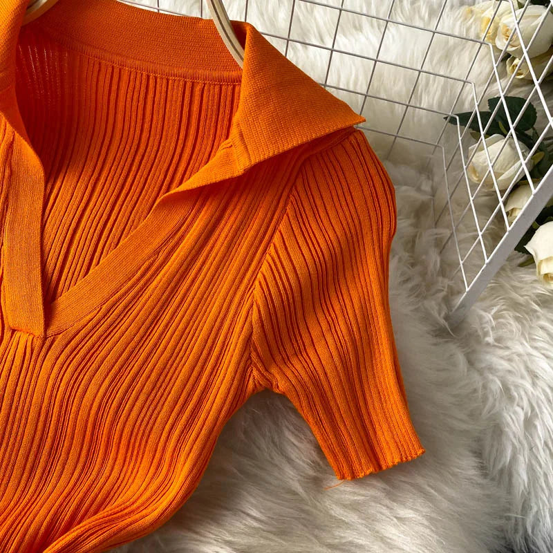 Striped Knit Collared Wrap Bodycon Dress