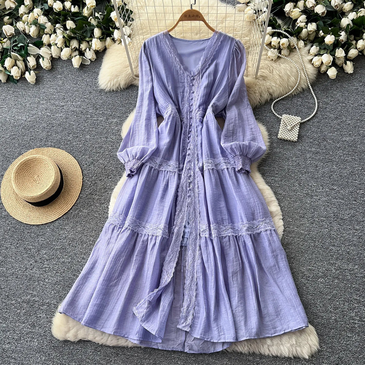 Lace V-Neck High Waist A-Line Dress