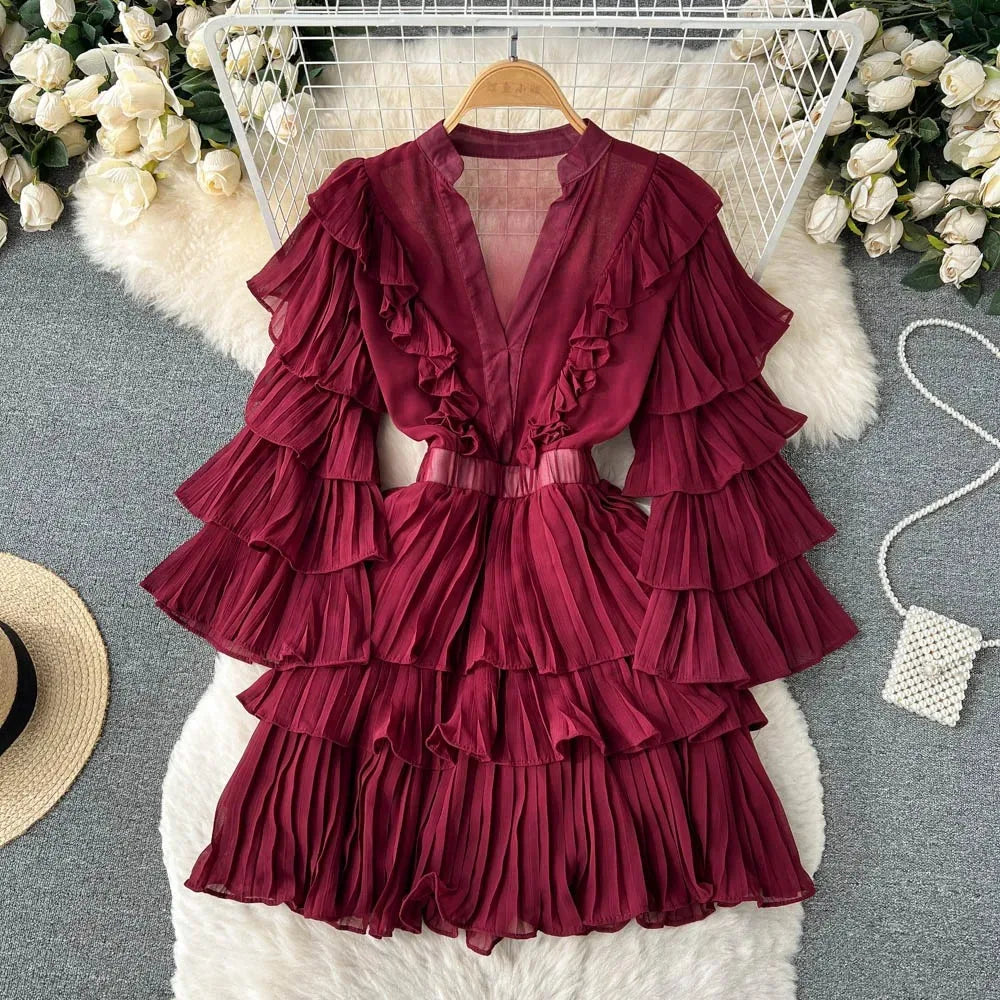 Vintage Ruffle Tiered Flare Sleeve Mini Dress