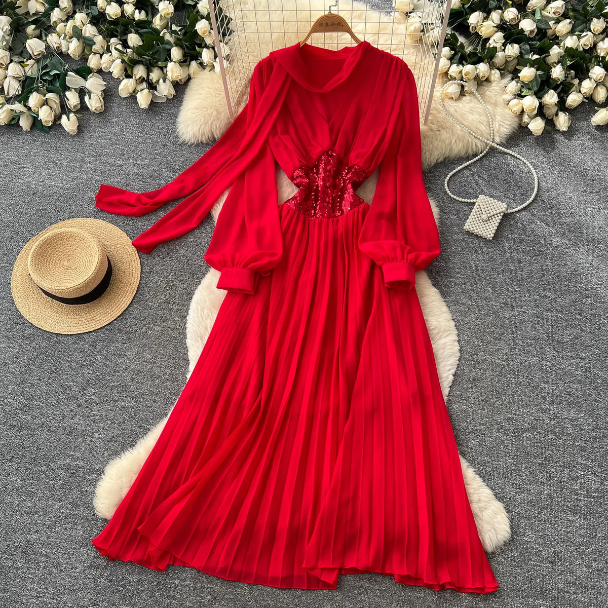Ribbon Puff Sleeve A-Line Maxi Dress