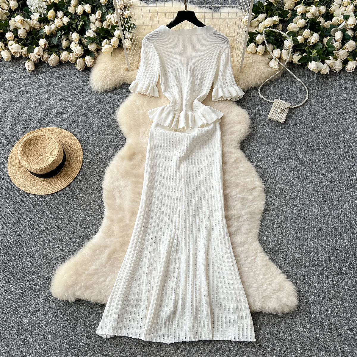 Knit Ruffle Single Breasted A-Line Dress