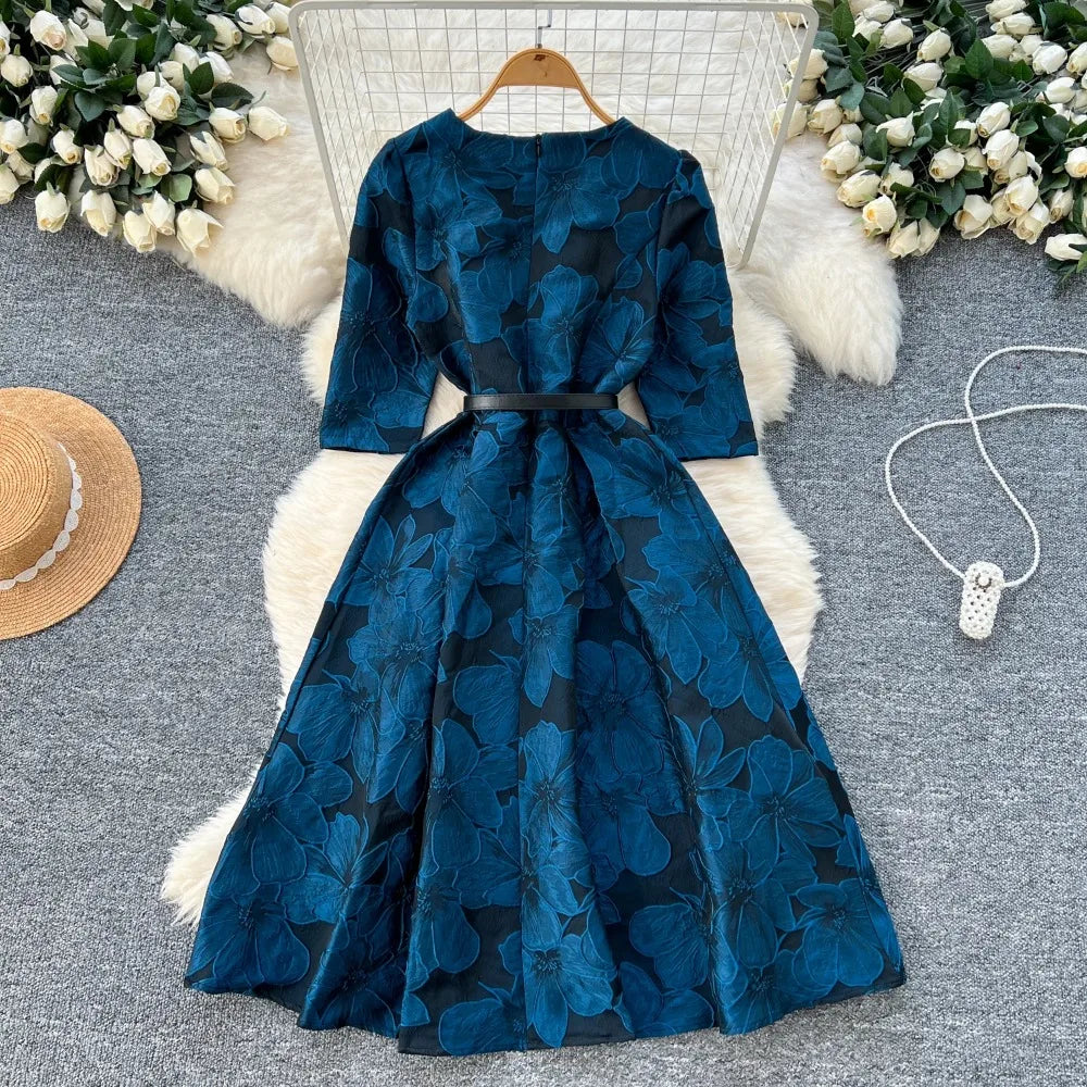 Jacquard Print Sash A-Line Gown