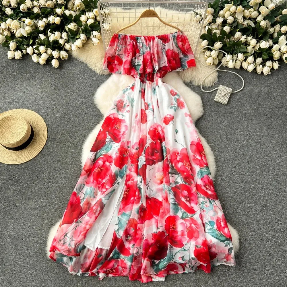 Off-Shoulder Print Ruffle A-Line Dress