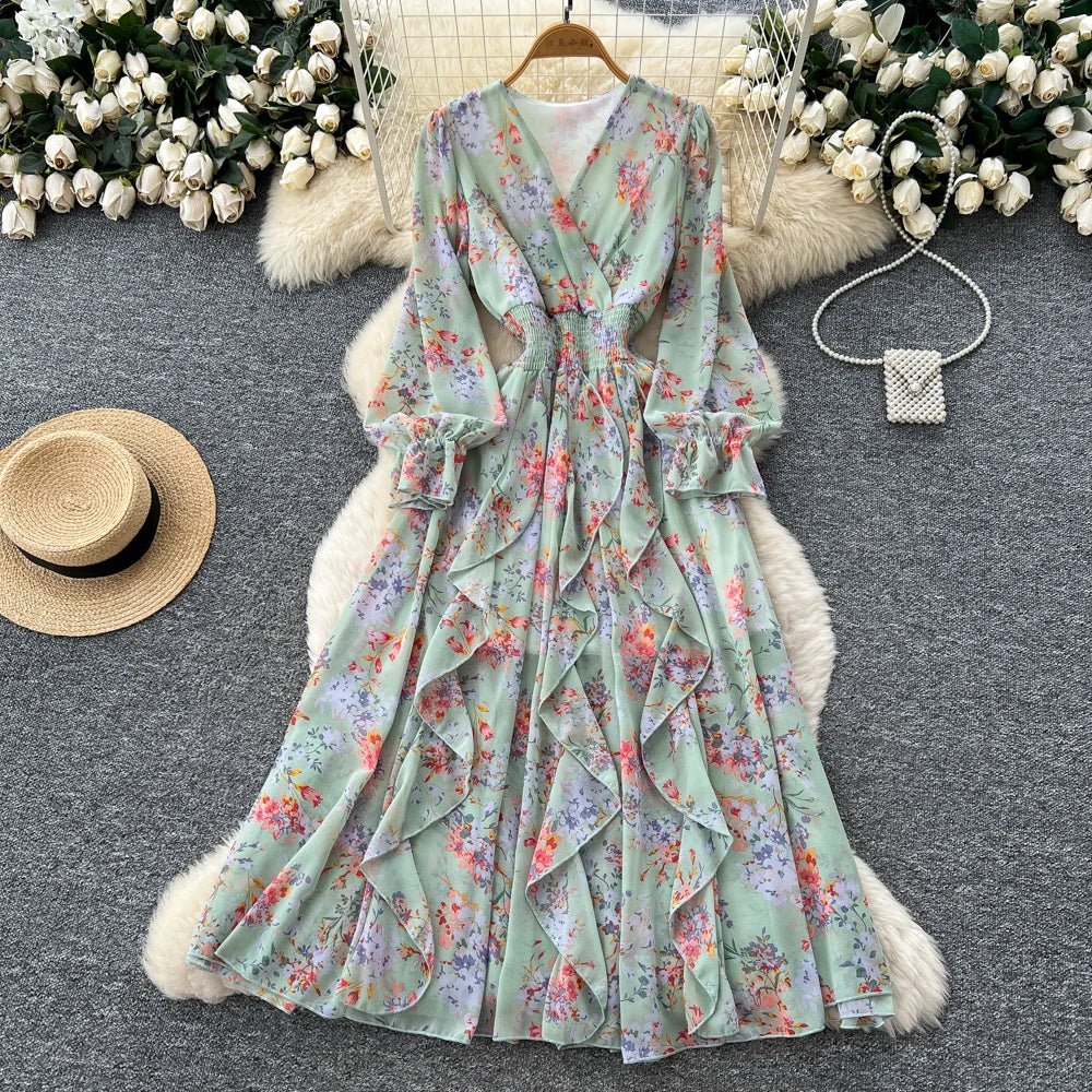 Print Chiffon V-Neck Fitted Maxi Dress