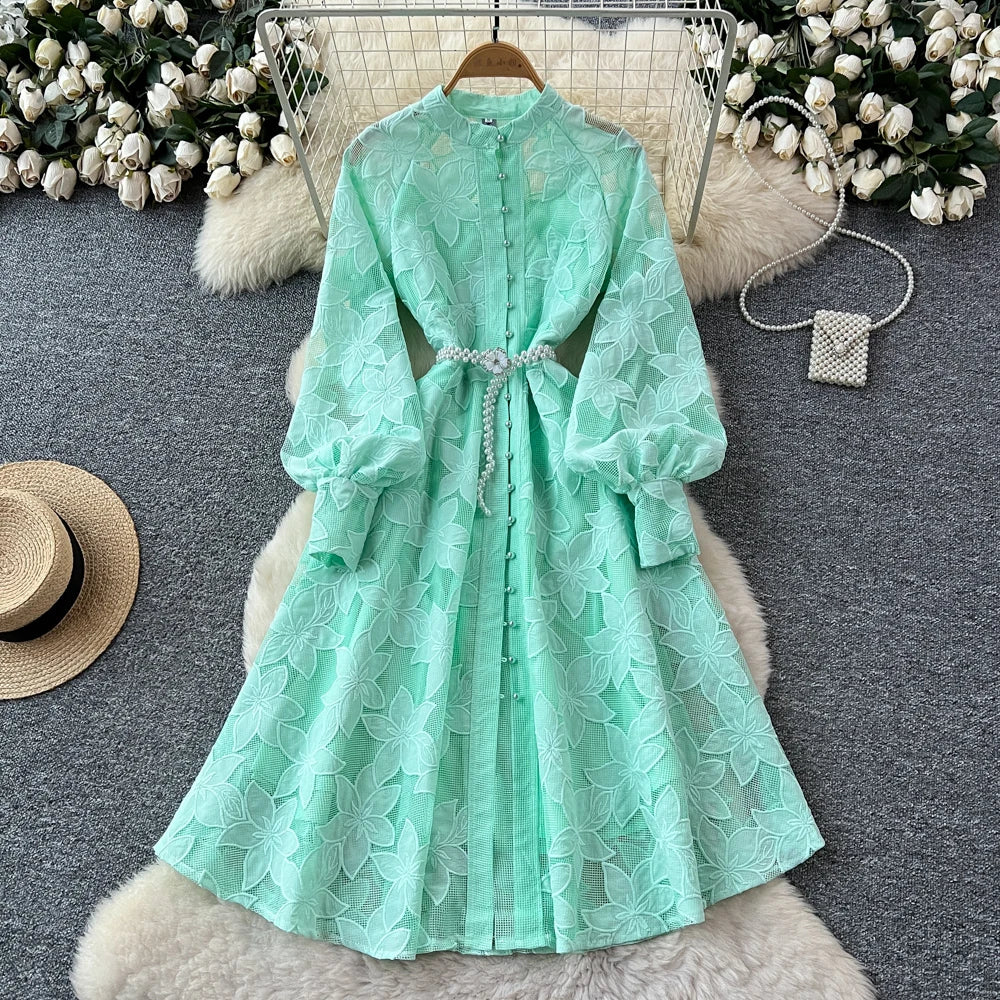 Hollow Out Button Crew Neck Long Sleeve Dress