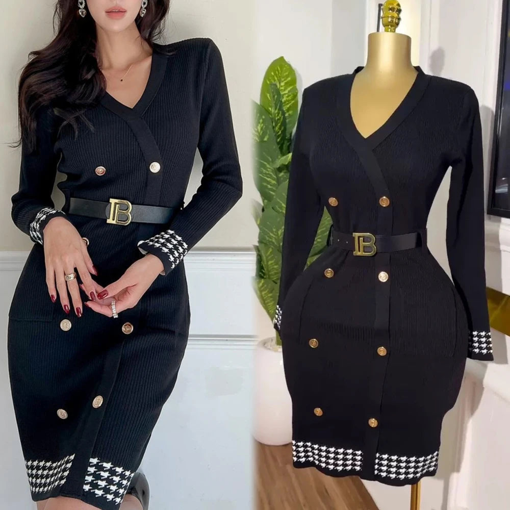 Houndstooth V-Neck Knit Dress