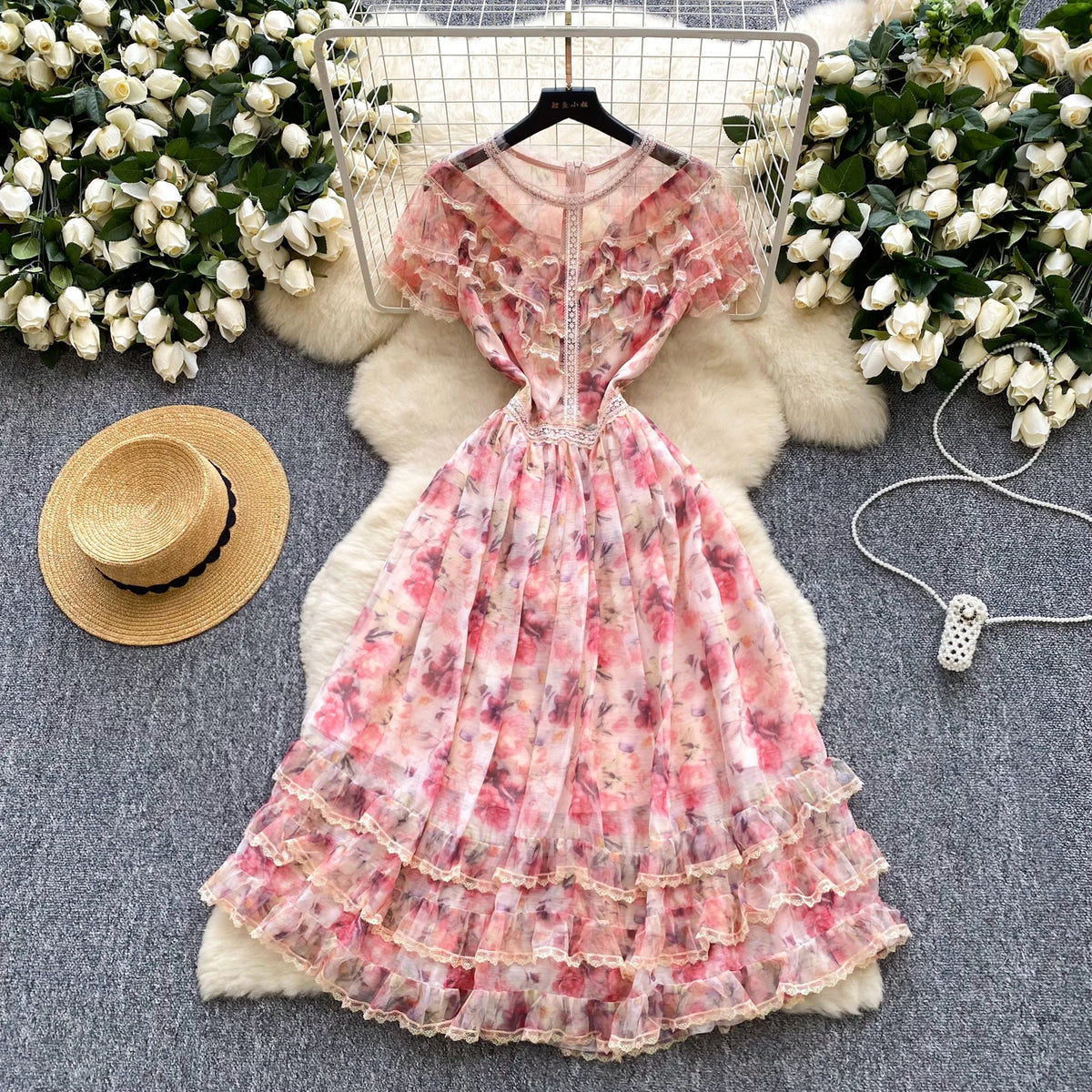 Mesh Lace Print Short Sleeve Dress