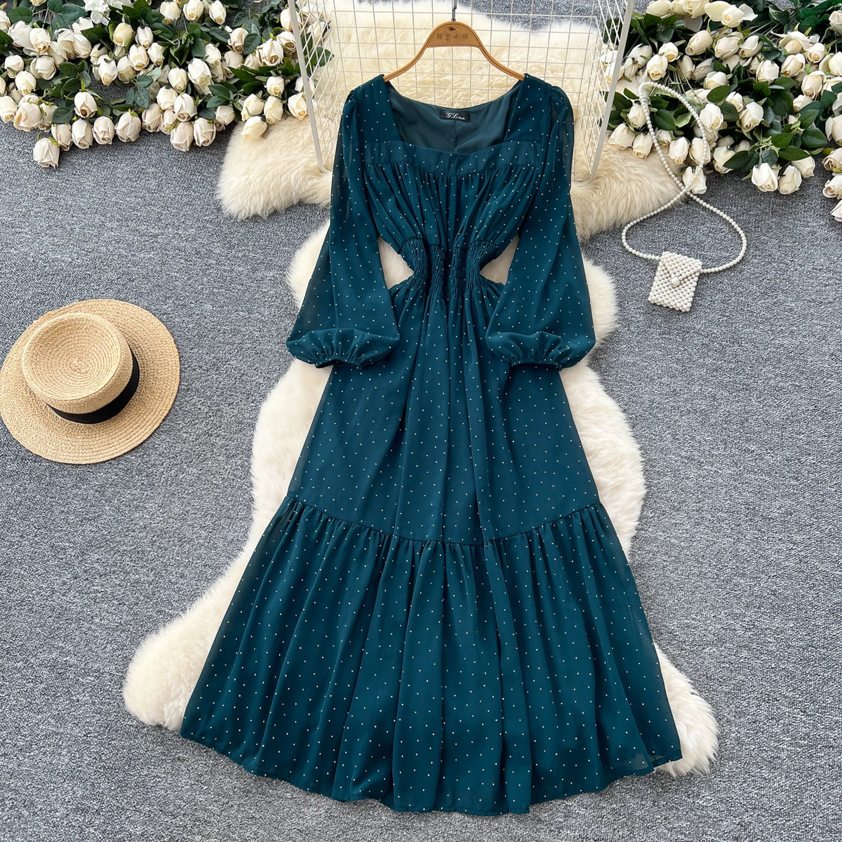 Rhinestone Square Neck A-Line Dress