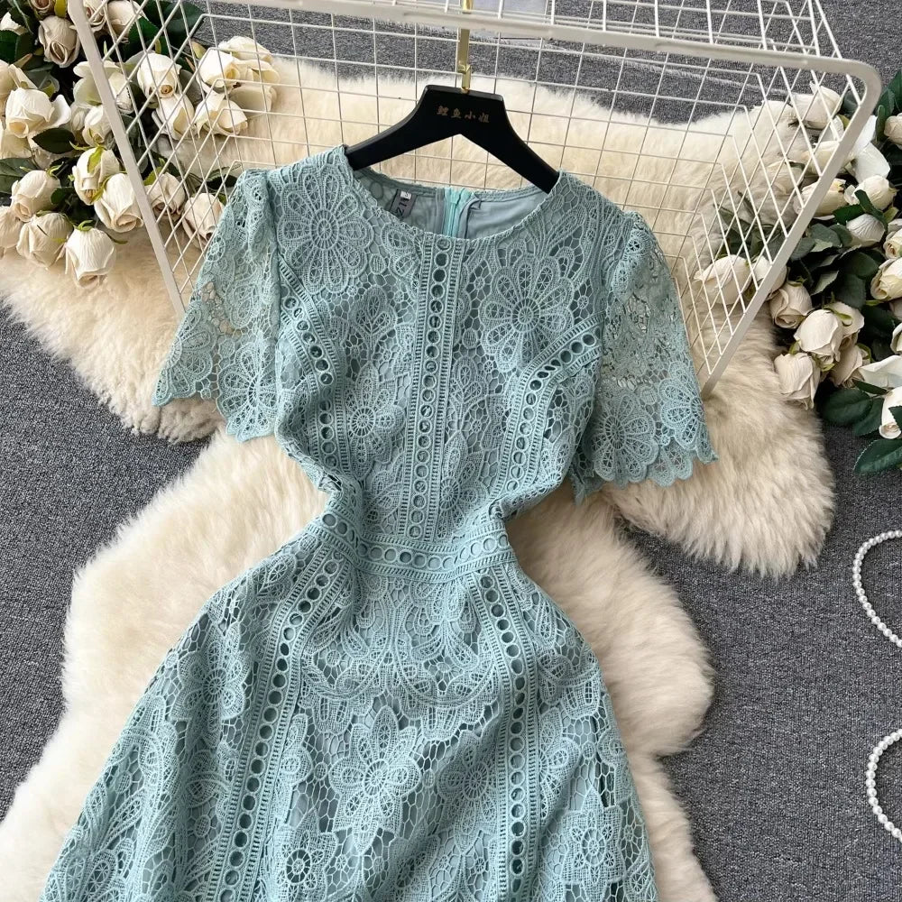 Solid Lace Cutout Ruffle Sleeve Long Dress