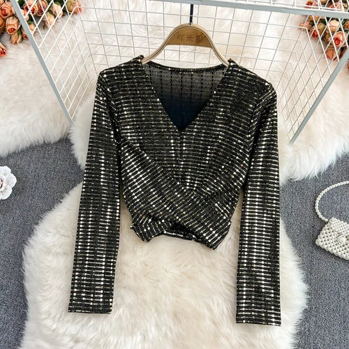 Glitter Sequin Long Sleeve Crop Top