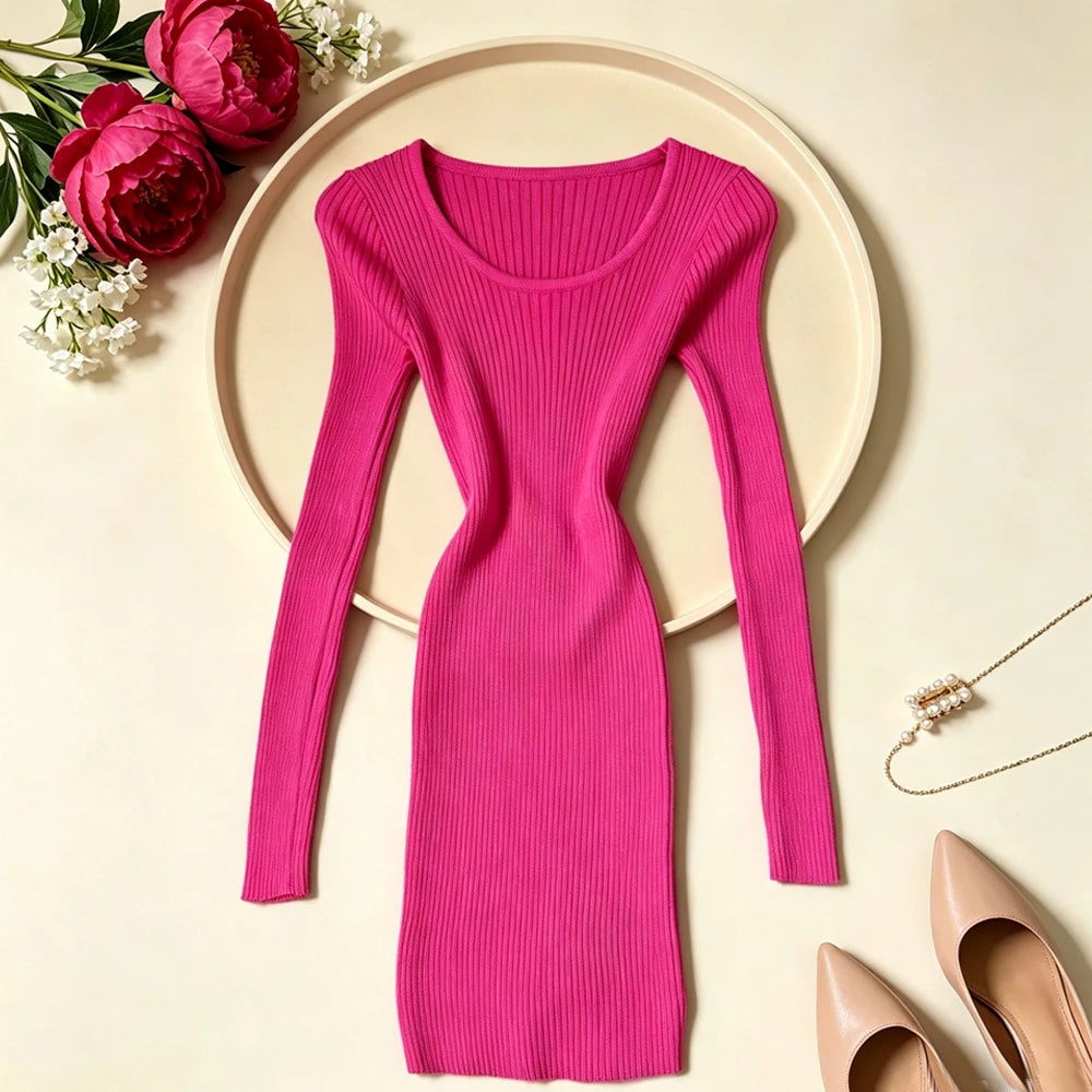 Beaded Knit Bodycon Mini Dress With Scarf