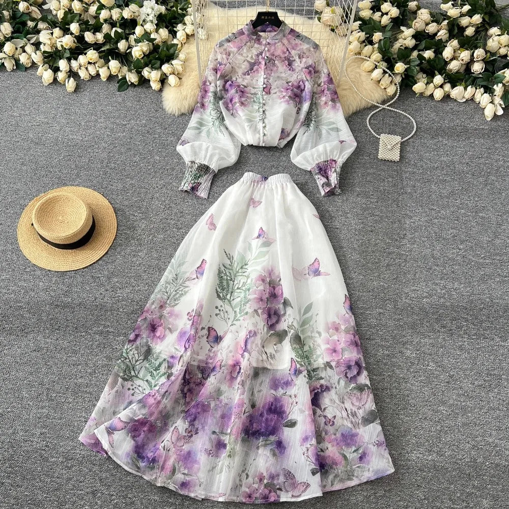 Print Lantern Sleeve Top and Maxi Skirt Set